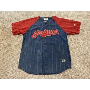 MLB VINTAGE 90s RETRO CLEVELAND INDIANS BASEBALL BLUE STRIPE MIRAGE JERSEY SZ XL